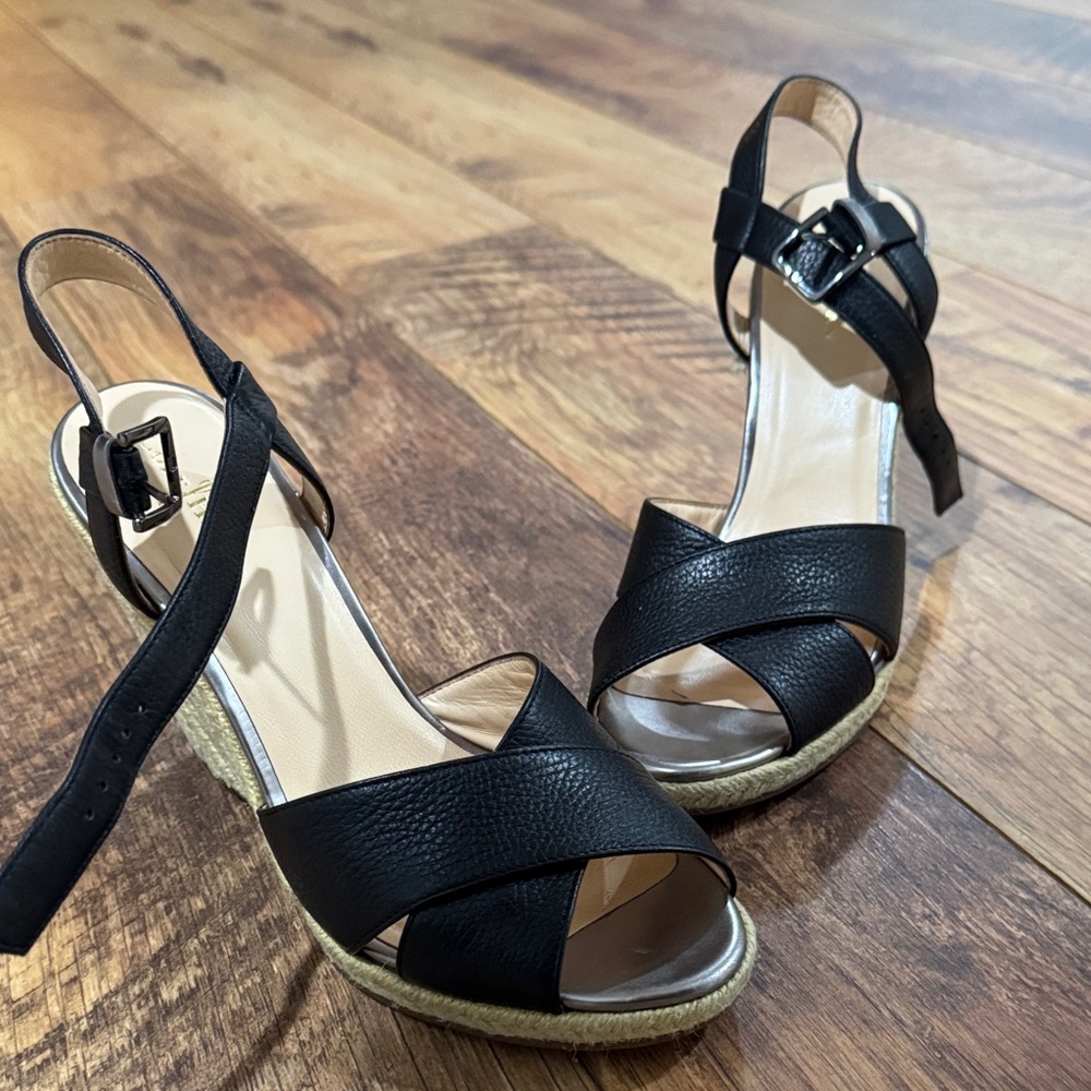 Cole Haan Black Leather Espadrille Wedge Sandals